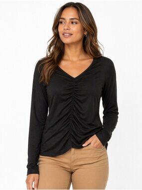 NWT Frame Linen black long sleeve shirt, ruched center. Womens size medium.